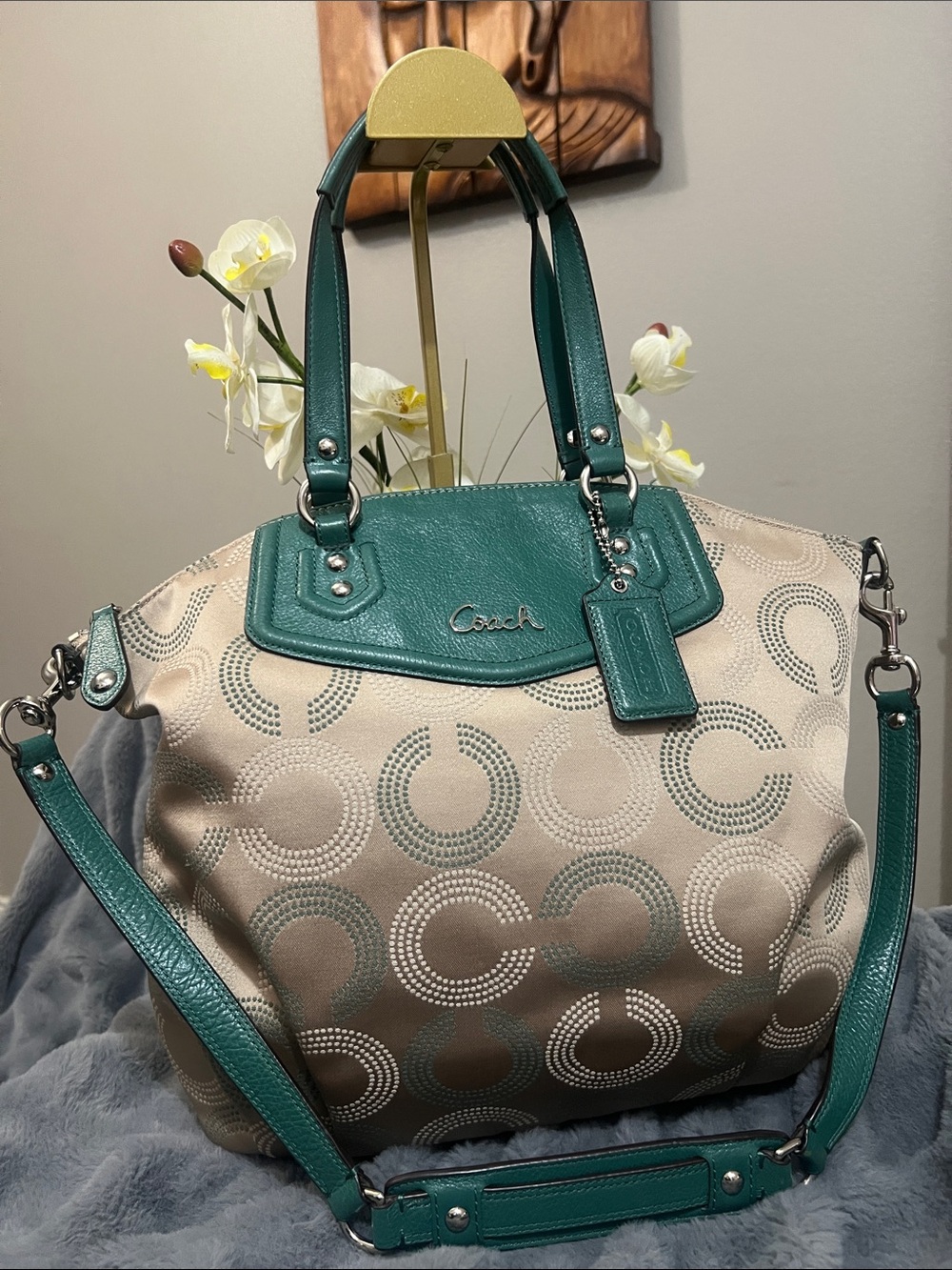 Coach Y2K Ashley Signature Satchel / Shoulder Bag with Teal Trim EUC retail $358